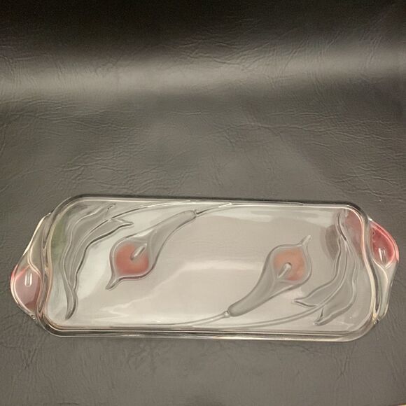 Serving Tray Glass Pink Clear Raised Tulip Embossed Bottom Appetizer Vanity - Picture 3 of 8